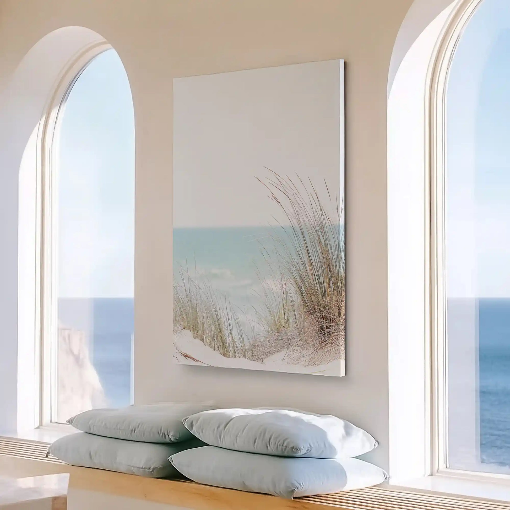 Large vertical beach grass painting perfect for brightening modern living room wall space