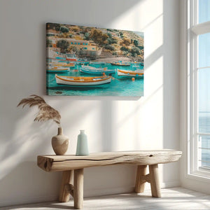 Seaside fishing boats painting captured in canvas art with Mediterranean style