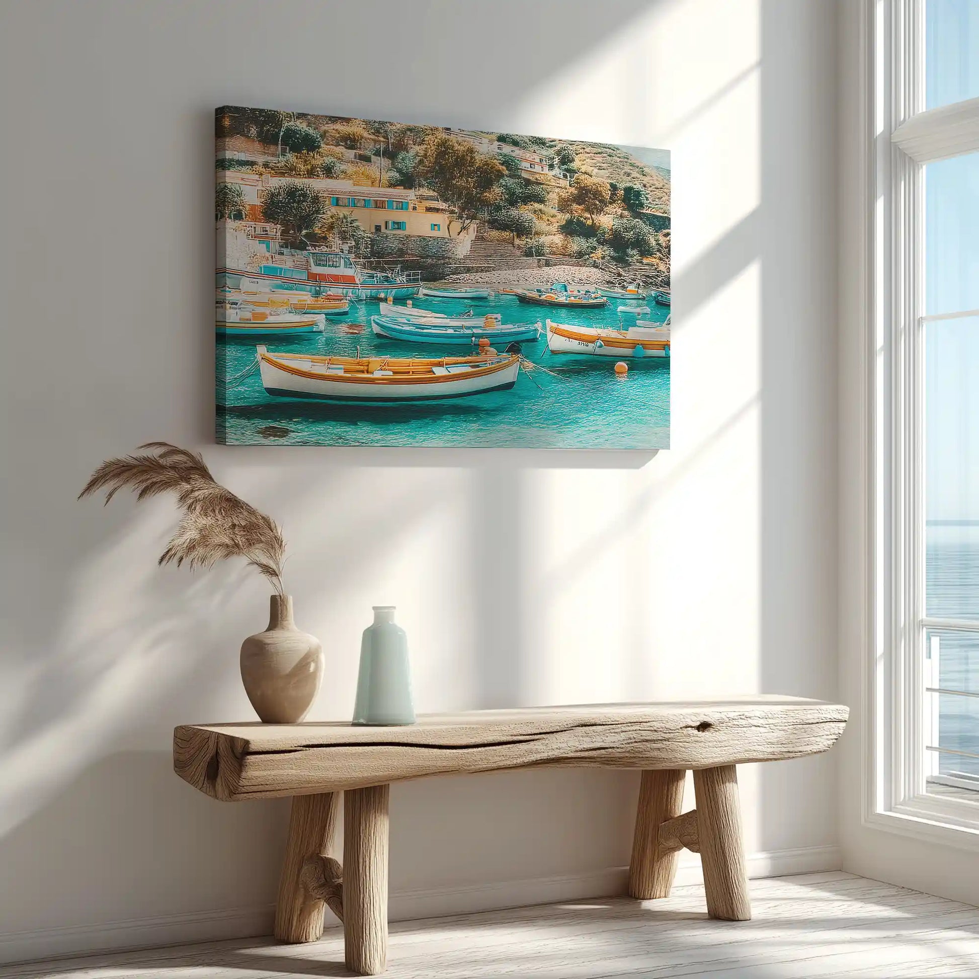 Seaside fishing boats painting captured in canvas art with Mediterranean style