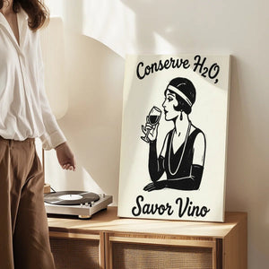Canvas wall art print with a retro female figure and 'Conserve H2O, Savor Vino' text, rendered in a bold graphic style