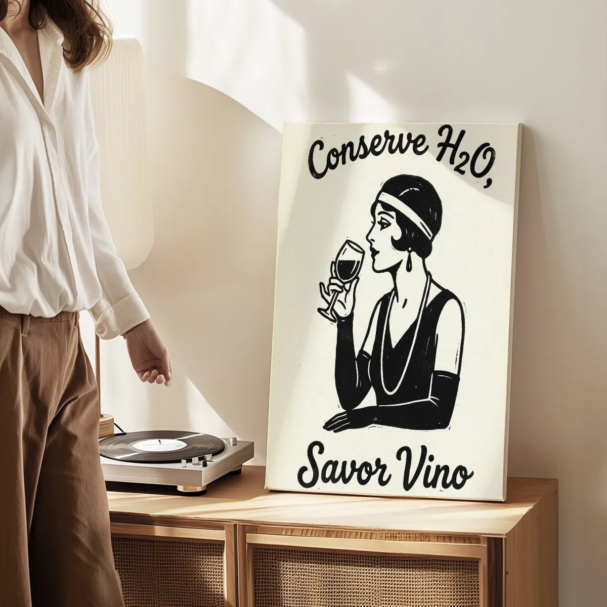 Canvas wall art print with a retro female figure and 'Conserve H2O, Savor Vino' text, rendered in a bold graphic style