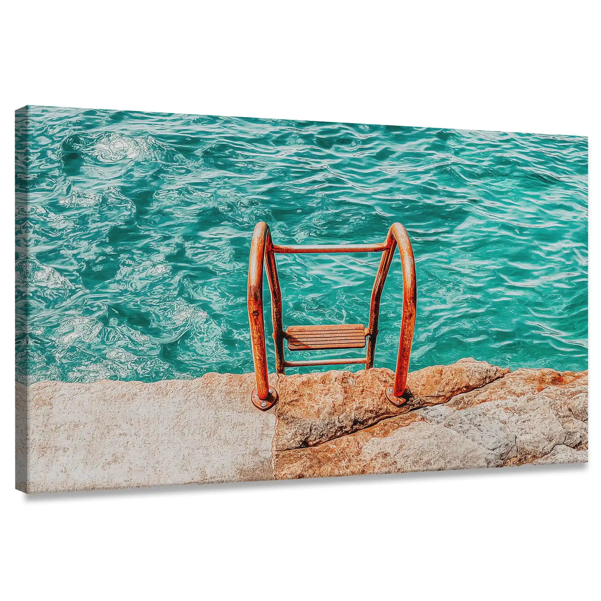 Modern coastal ladder canvas wall art with turquoise sea for living room décor