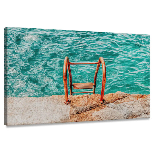 Modern coastal ladder canvas wall art with turquoise sea for living room décor