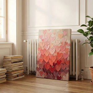 Canvas wall art print of overlapping hearts in a warm gradient, rendered in a stylized, impressionist-inspired technique.