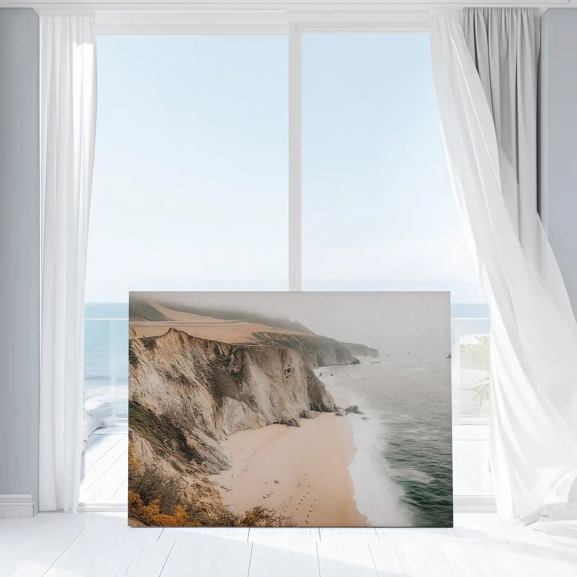 Warm beige seaside cliffs wall art bringing a calm and natural mood into modern interiors