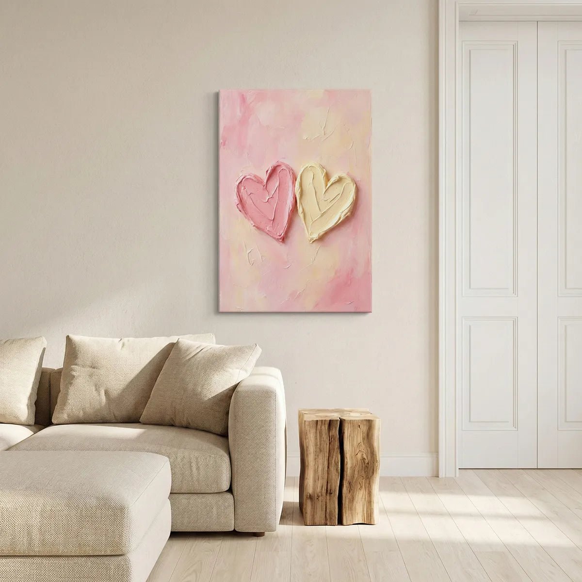 Fine art canvas featuring sculptural heart forms in pink and cream, set against a warm, softly blended background.