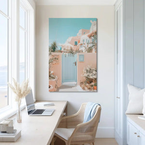 Extra large village gate canvas wall art showcasing Mediterranean charm for airy interiors