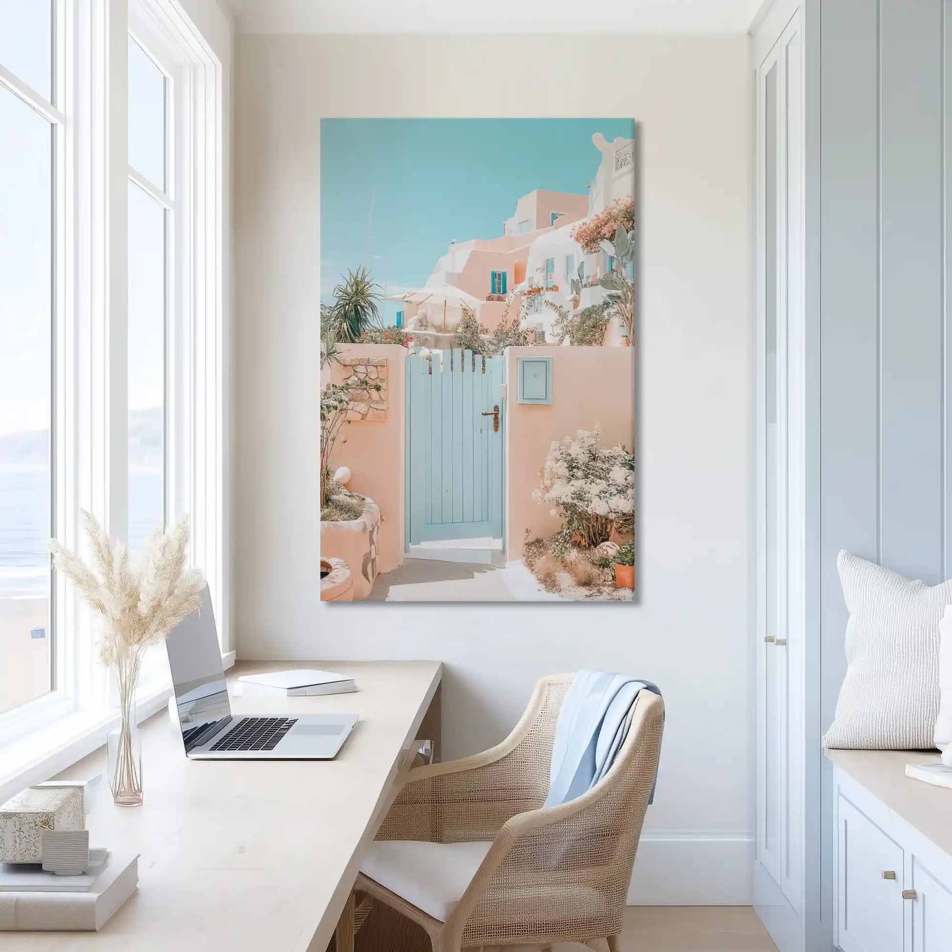 Extra large village gate canvas wall art showcasing Mediterranean charm for airy interiors