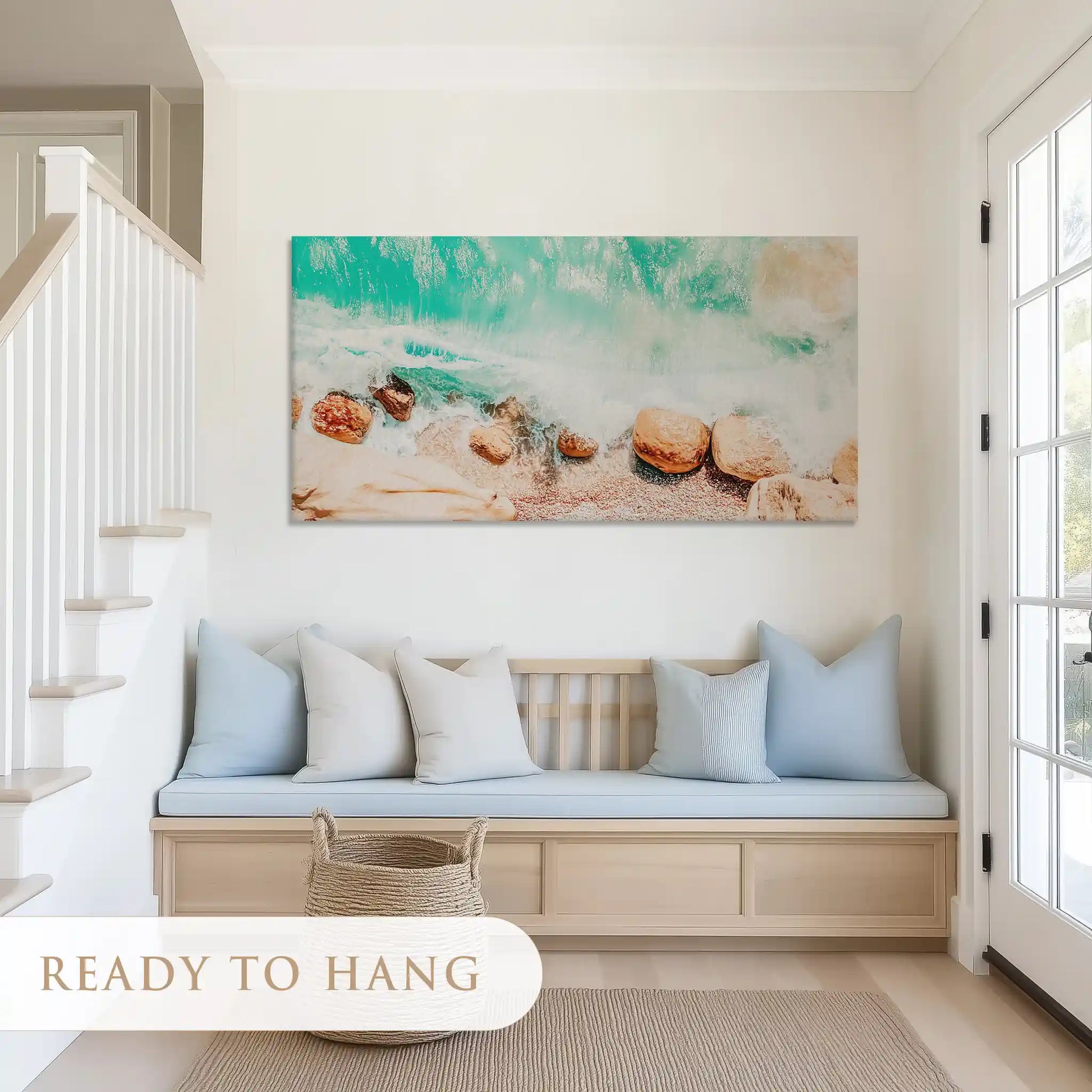 Tranquil teal ocean wave canvas print for coastal style dining or sitting rooms