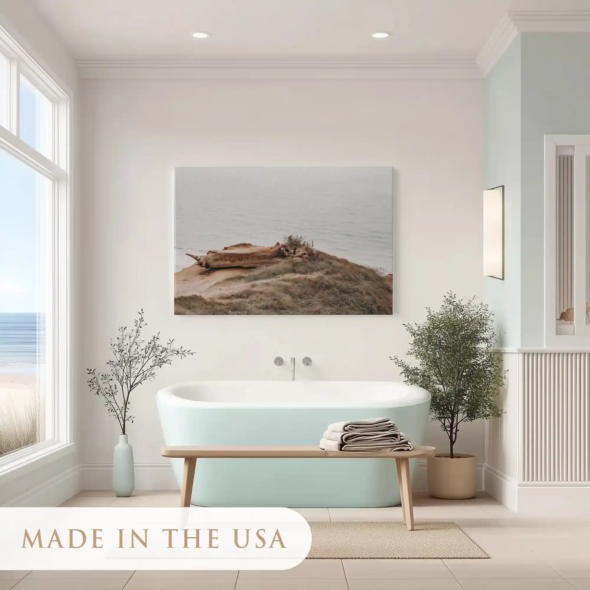 Relaxing driftwood shoreline painting enhancing minimalist home wall decor with calm mood