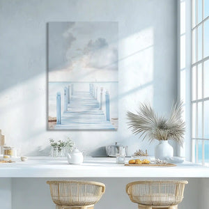 Light blue and white pier wall decor creating airy feel in dining space