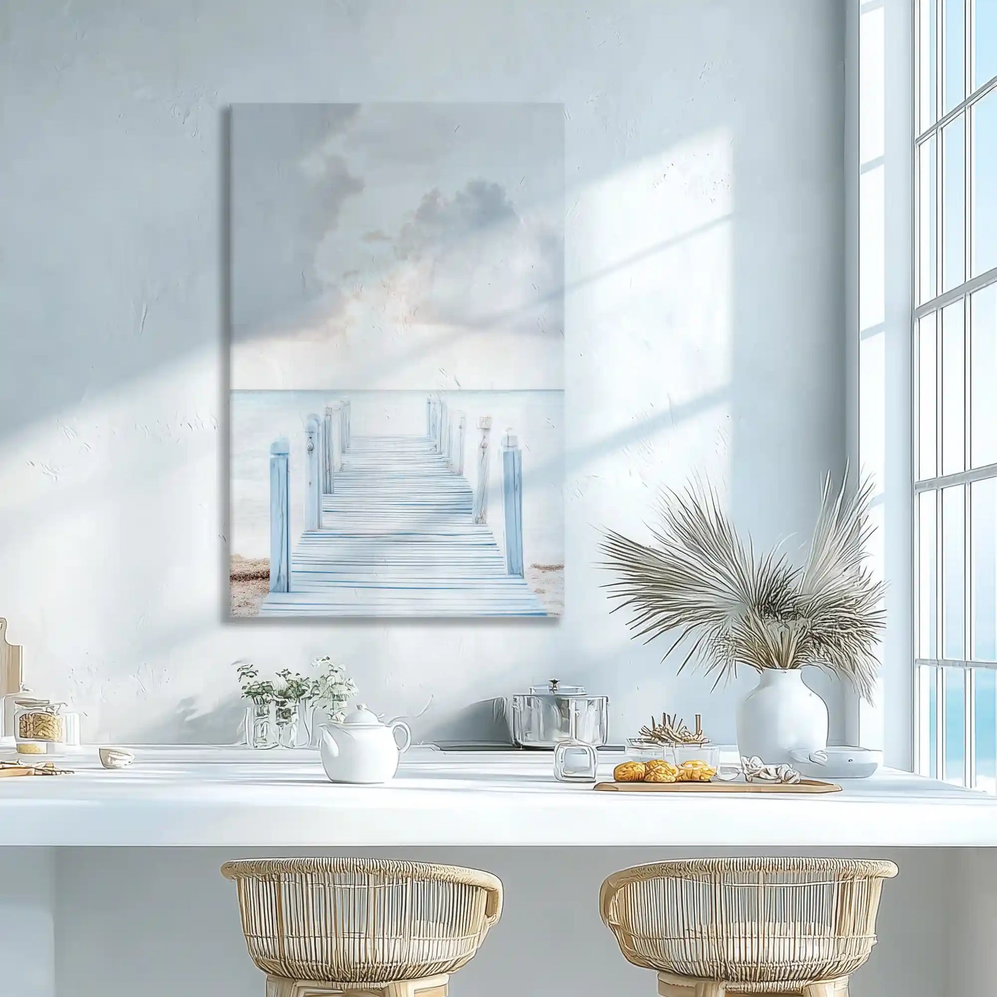 Light blue and white pier wall decor creating airy feel in dining space