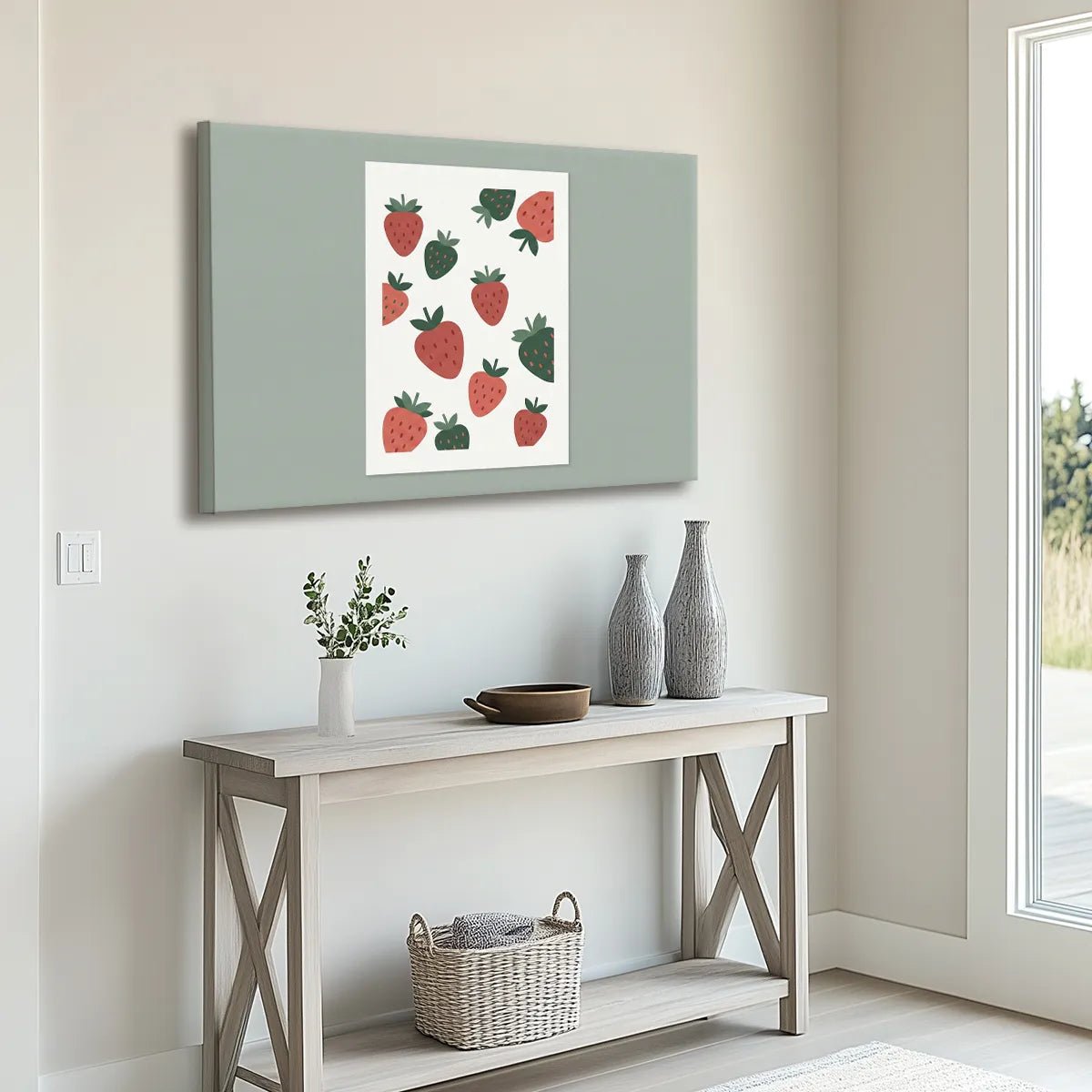 Canvas wall art in a cheerful nursery style with a limited pastel palette and simple fruit-themed design