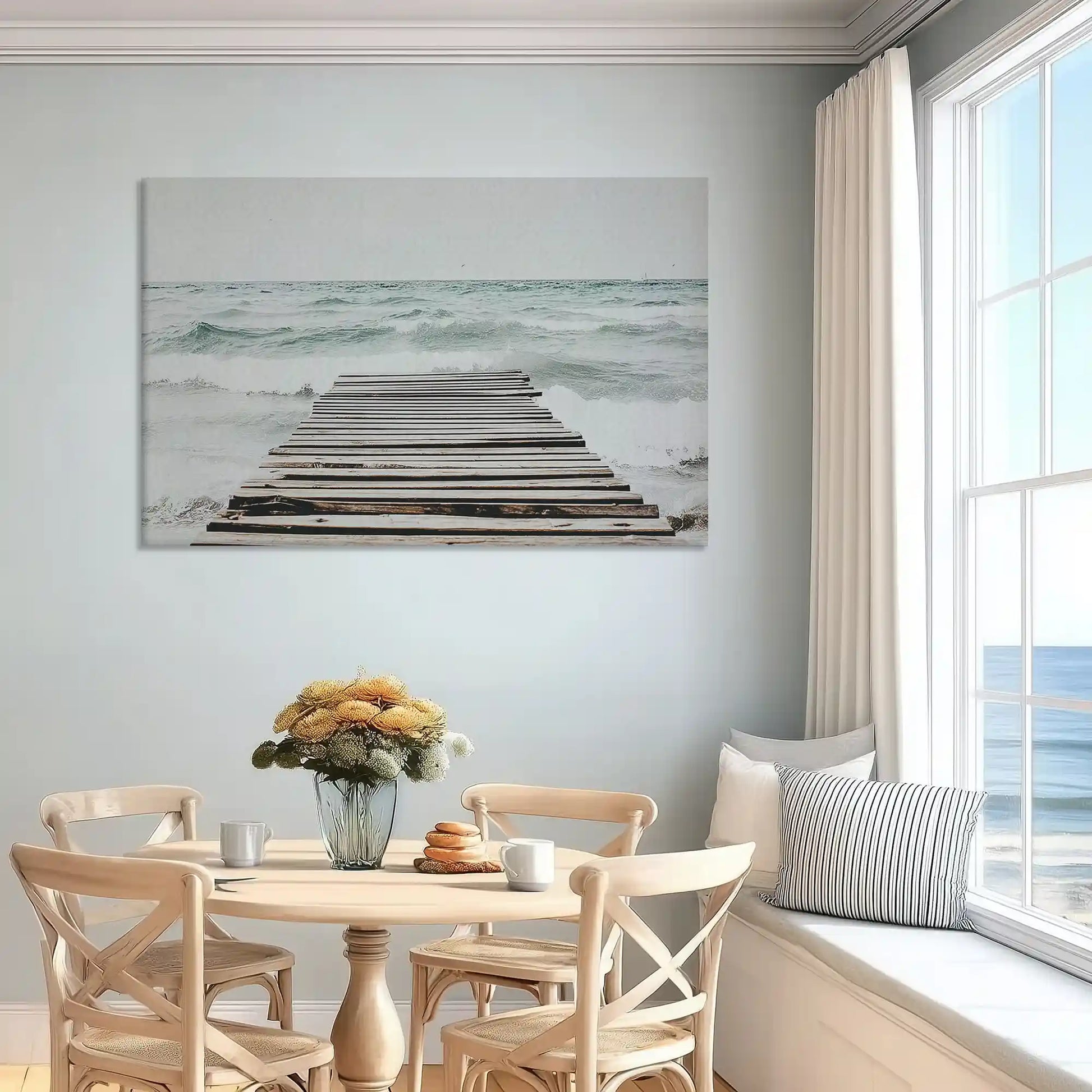 Soft blue shoreline canvas wall art for dining room with rustic coastal vibe