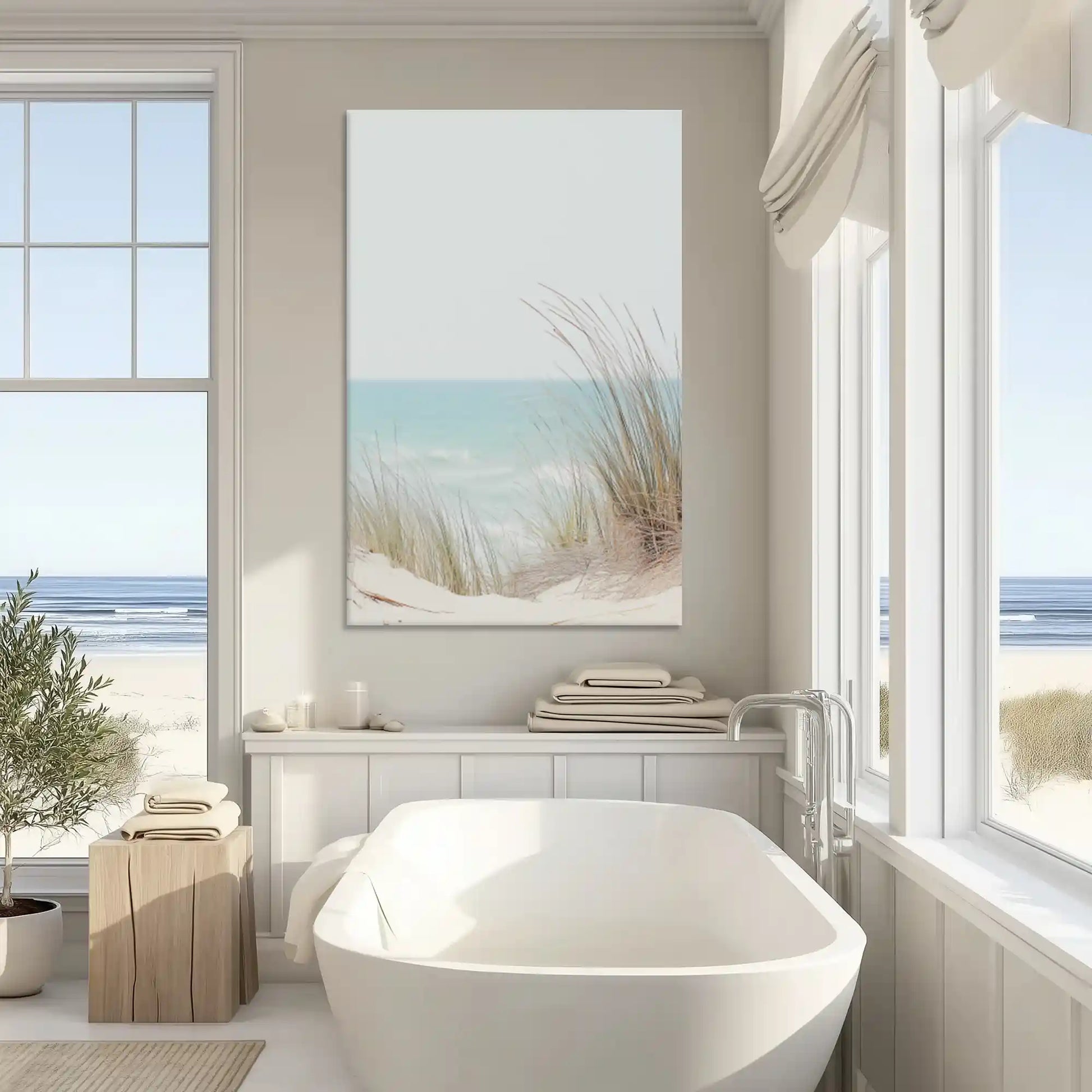 Neutral beach grass canvas art enhancing modern wall decor with gentle coastal serenity