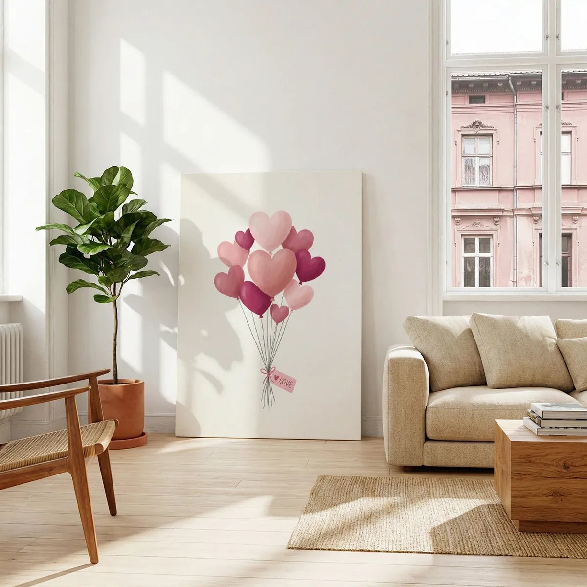 Decorative canvas print of whimsical heart-shaped balloons in a pastel palette, gathered with a ribbon and centered tag.