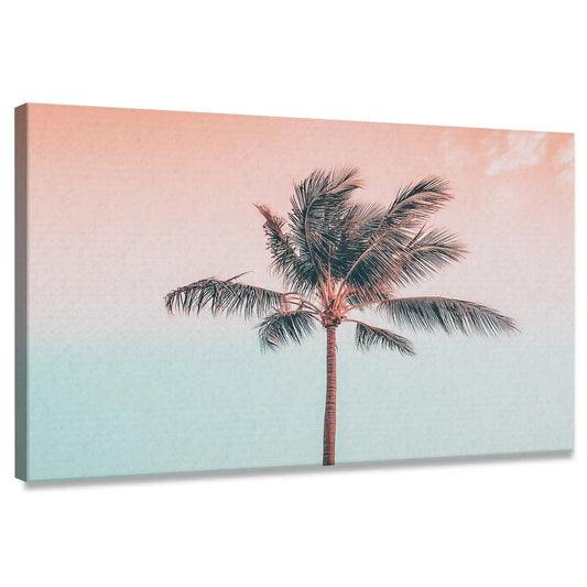 Minimalist palm tree canvas wall art with pastel sunset gradient for living room décor
