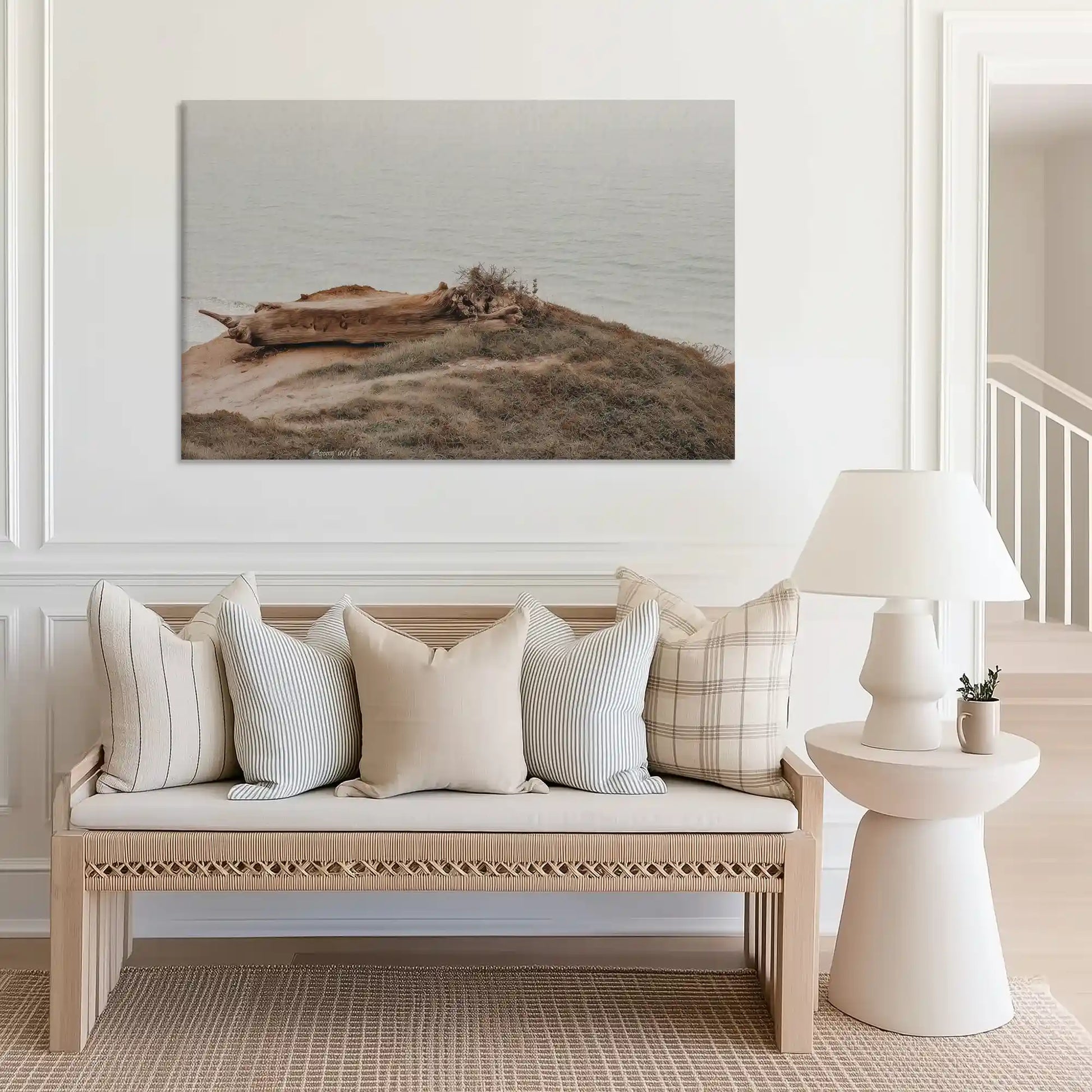 Large seaside driftwood canvas art perfect for above sofa placement in modern coastal homes
