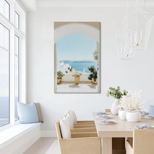 Peaceful terrace painting with pastel sea horizon, ideal for dining room or airy bedroom
