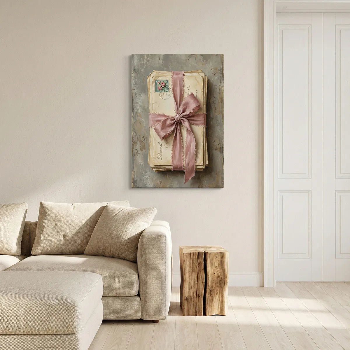 Canvas wall decor with a centered bundle of vintage letters tied in pink ribbon, evoking a sentimental and intimate mood.