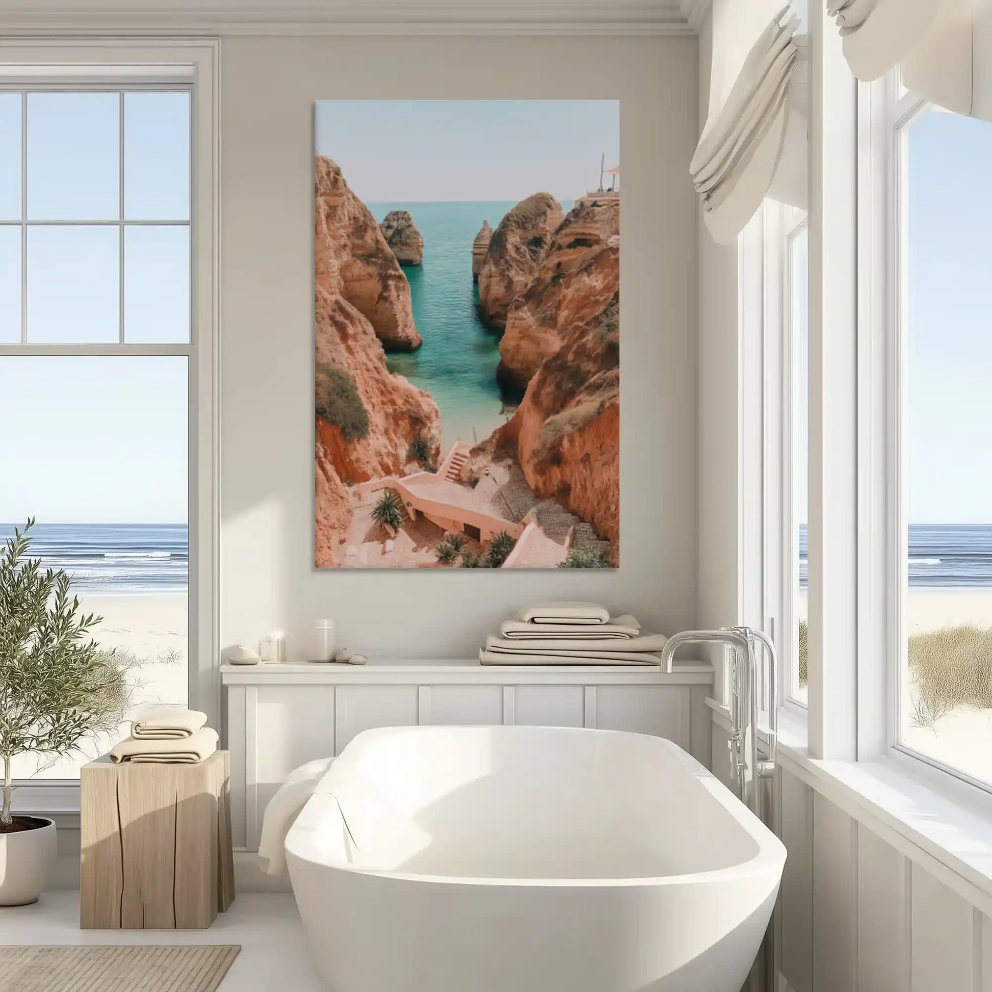 Neutral Mediterranean cliff canvas art enhancing modern wall decor with seaside character