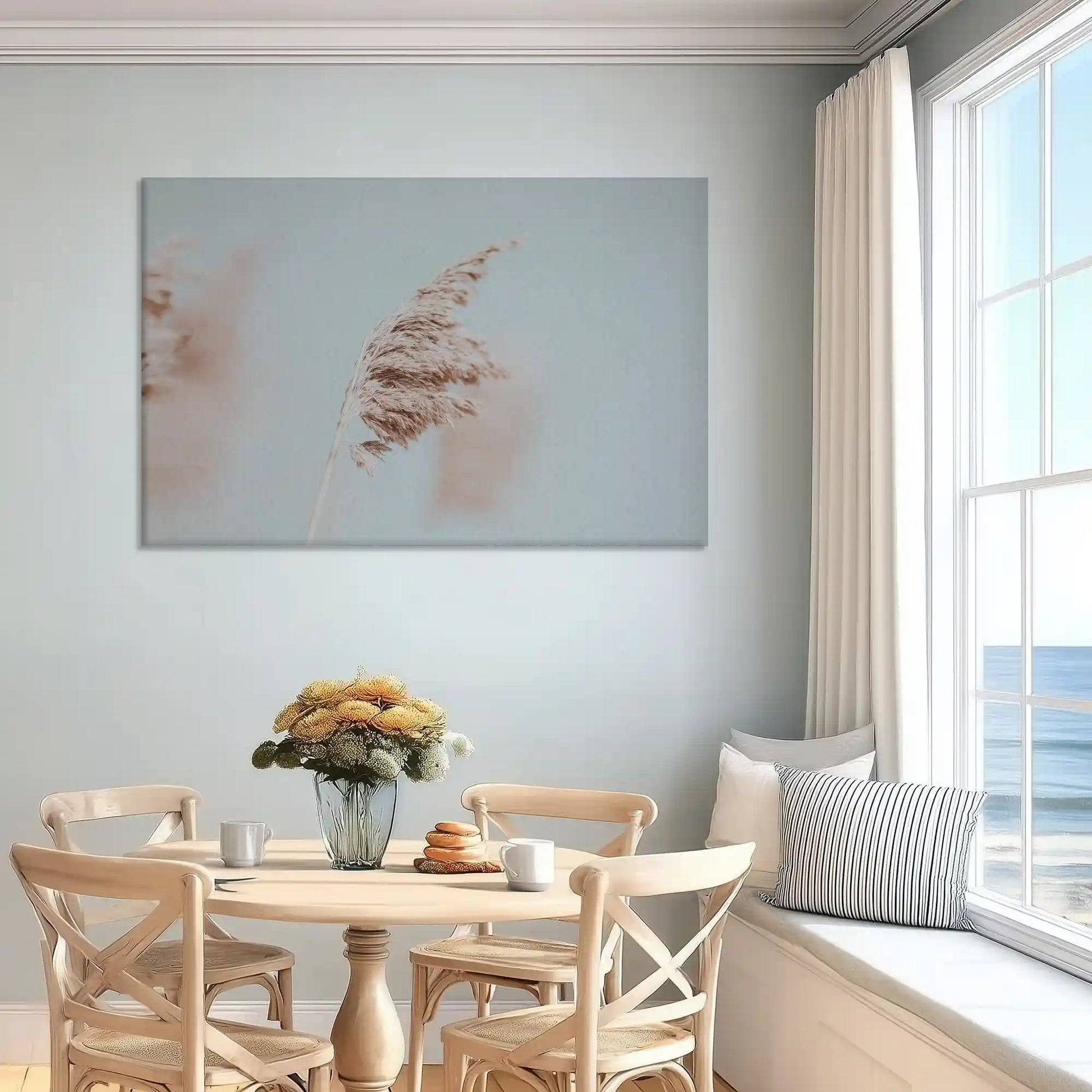 Oversized grass canvas wall art enhancing bright contemporary sofa space