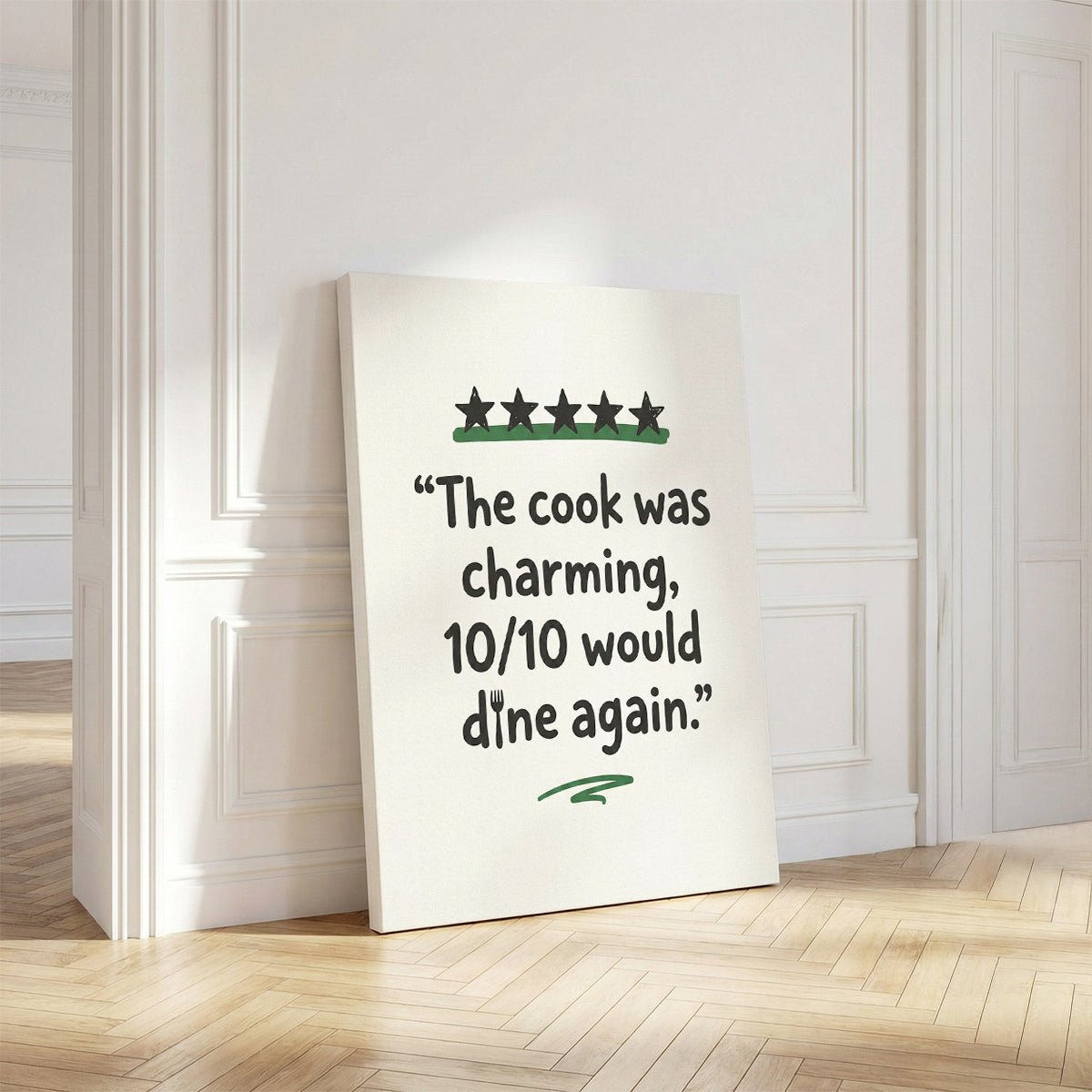 Vertical canvas art with centered quote and decorative stars, suited to modern kitchen walls or breakfast nooks.