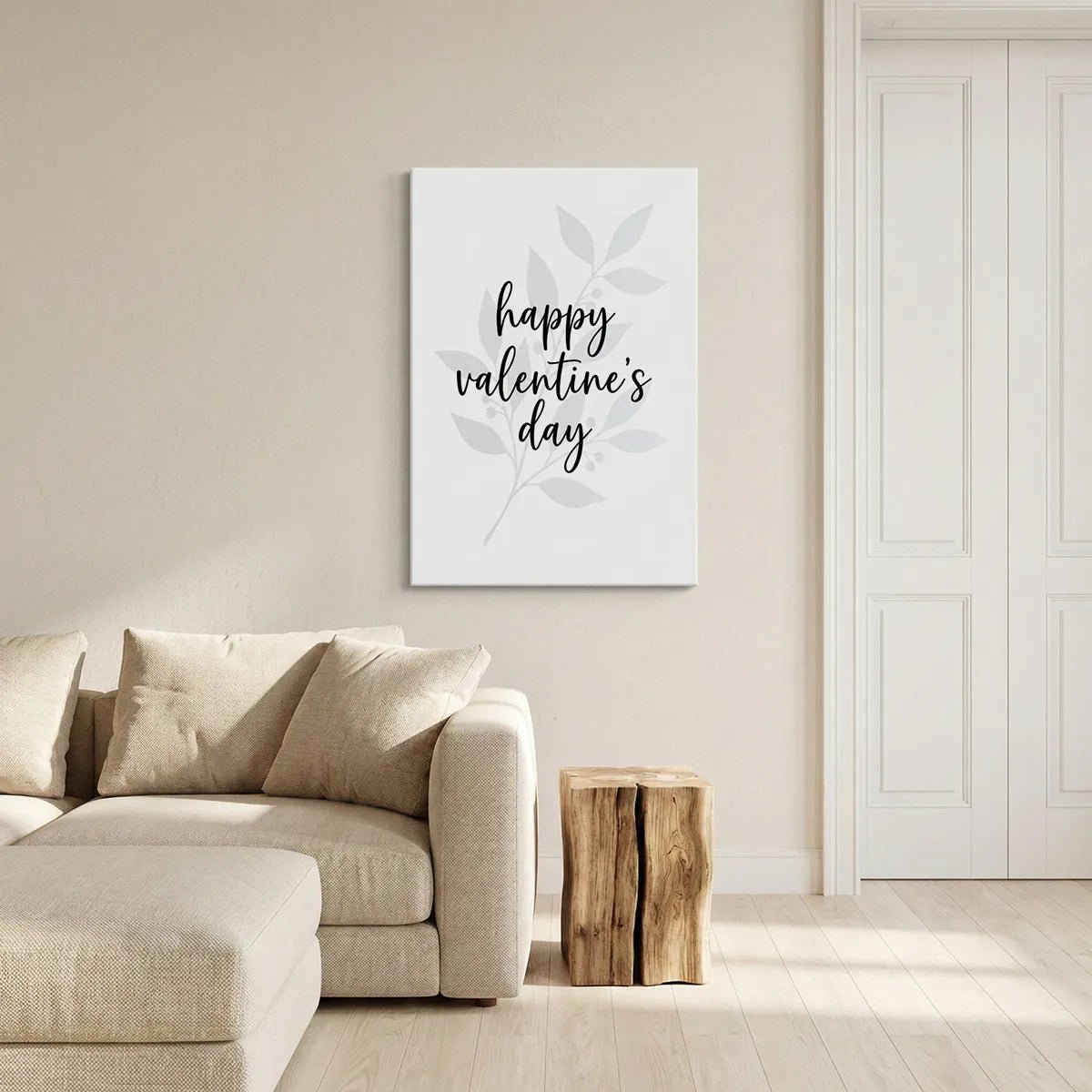 Elegant canvas wall art with romantic handwritten text layered over a subtle botanical design of leaves and berries