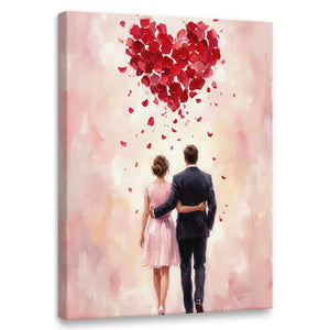 Romantic canvas wall art featuring a couple walking arm-in-arm beneath a heart made of red rose petals on a dreamy pastel background