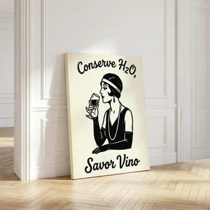 Fine art canvas featuring a centralized flapper woman and wine slogan, rendered in clean lines and a high-contrast palette