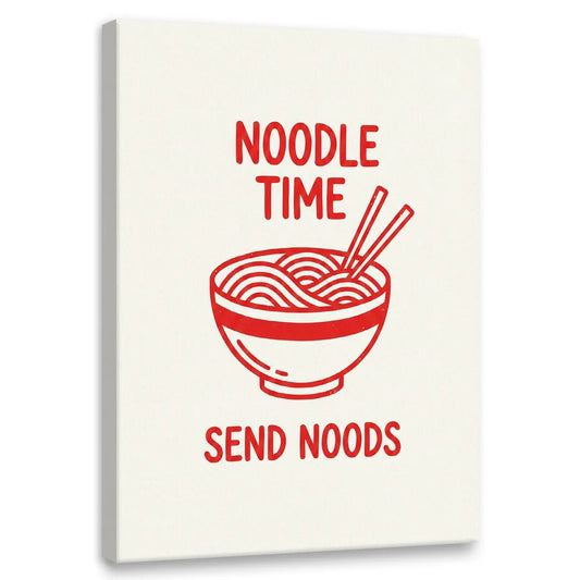 Bold minimalist canvas wall art featuring a stylized red bowl of noodles with chopsticks and playful text 'NOODLE TIME' and 'SEND NOODS'.