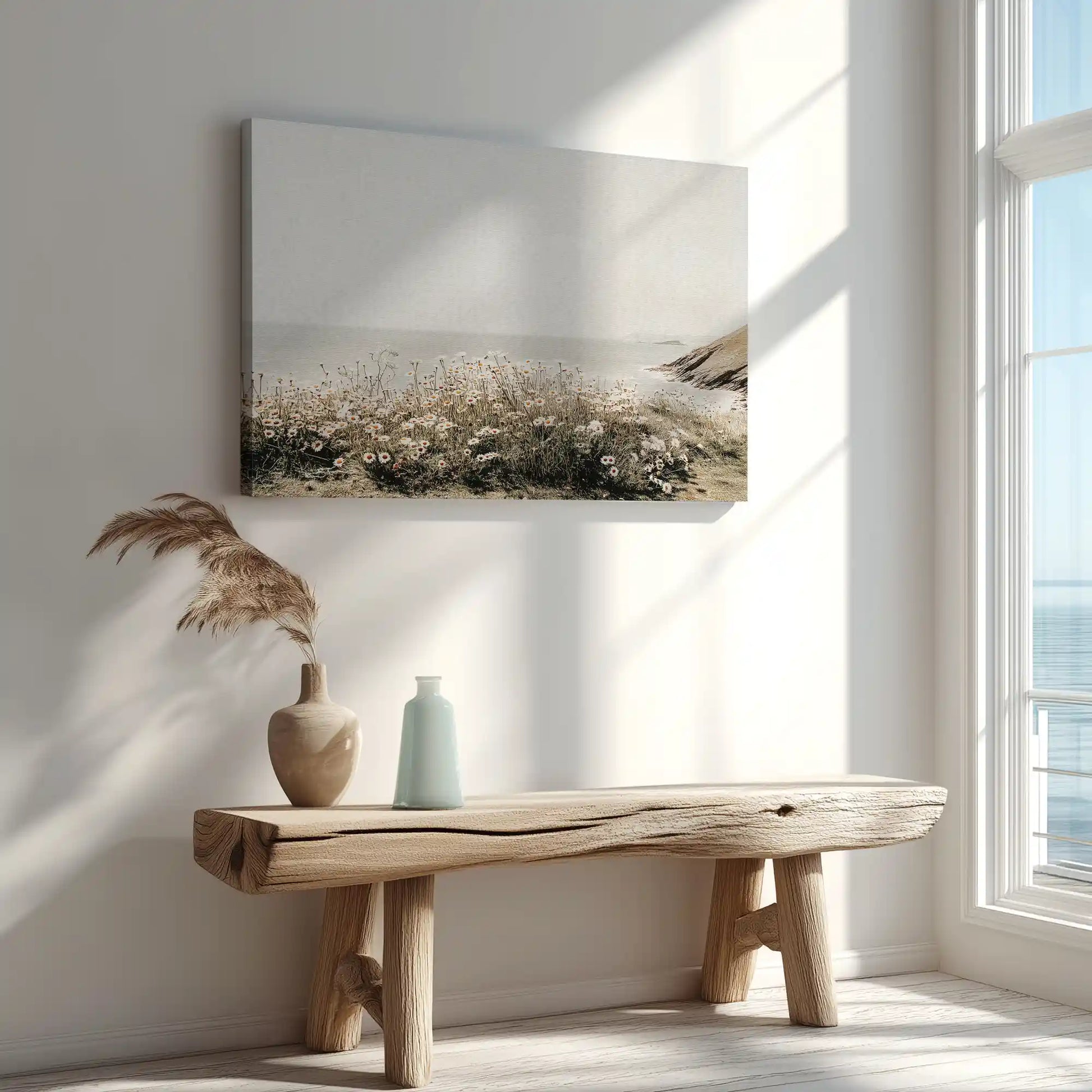 Seaside floral field painting captured in canvas art with rustic coastal style