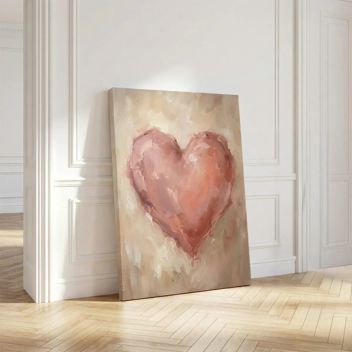 Fine art canvas depicting a large pink heart in soft, textured strokes on a warm, neutral-toned vertical layout.