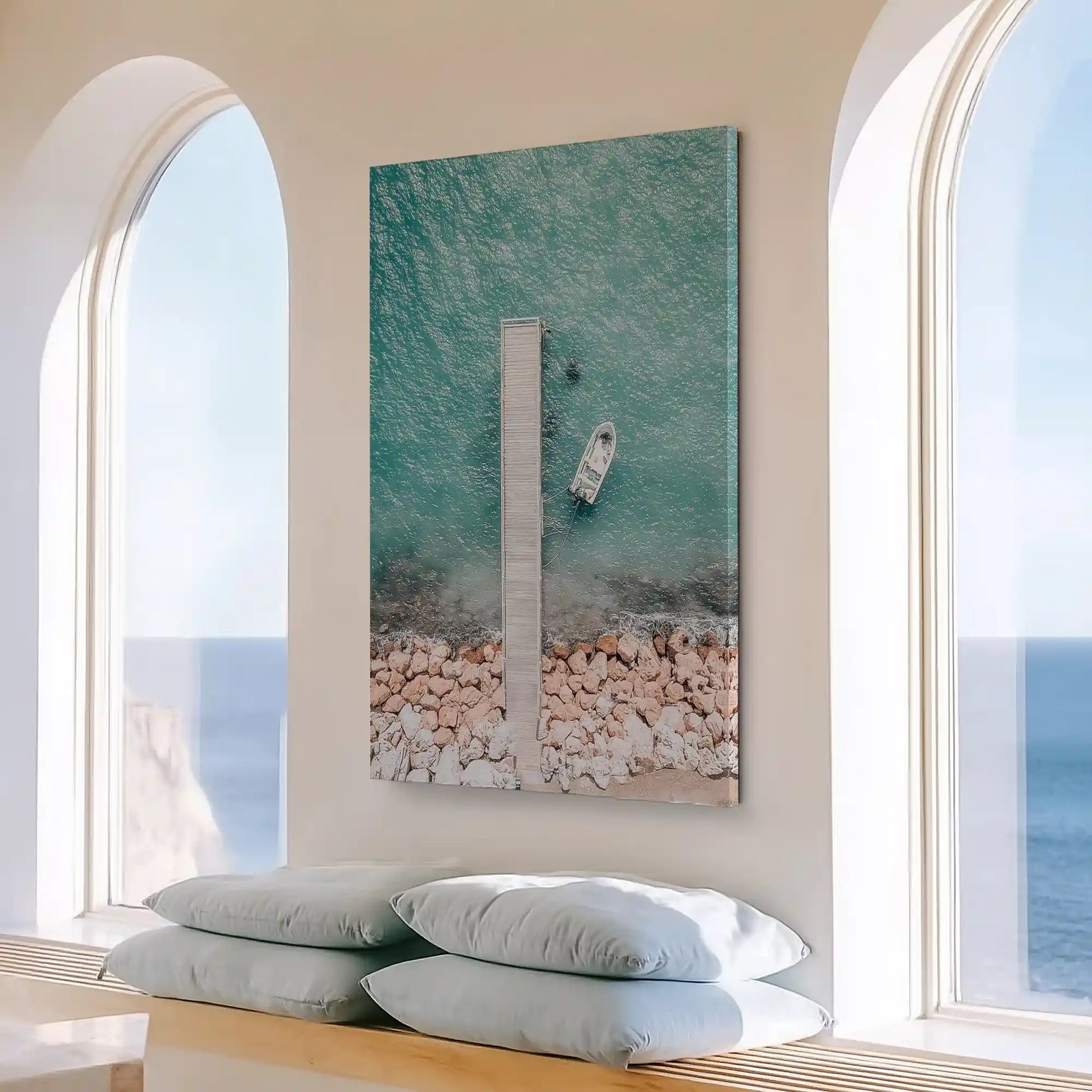 Large dock and shoreline painting perfect for bedroom placement, evoking peaceful seaside escape