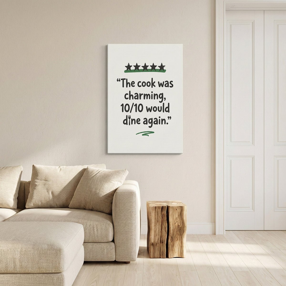 Minimalist canvas print displaying humorous food-themed quote with graphic stars and a fork integrated into the letter 'd'.