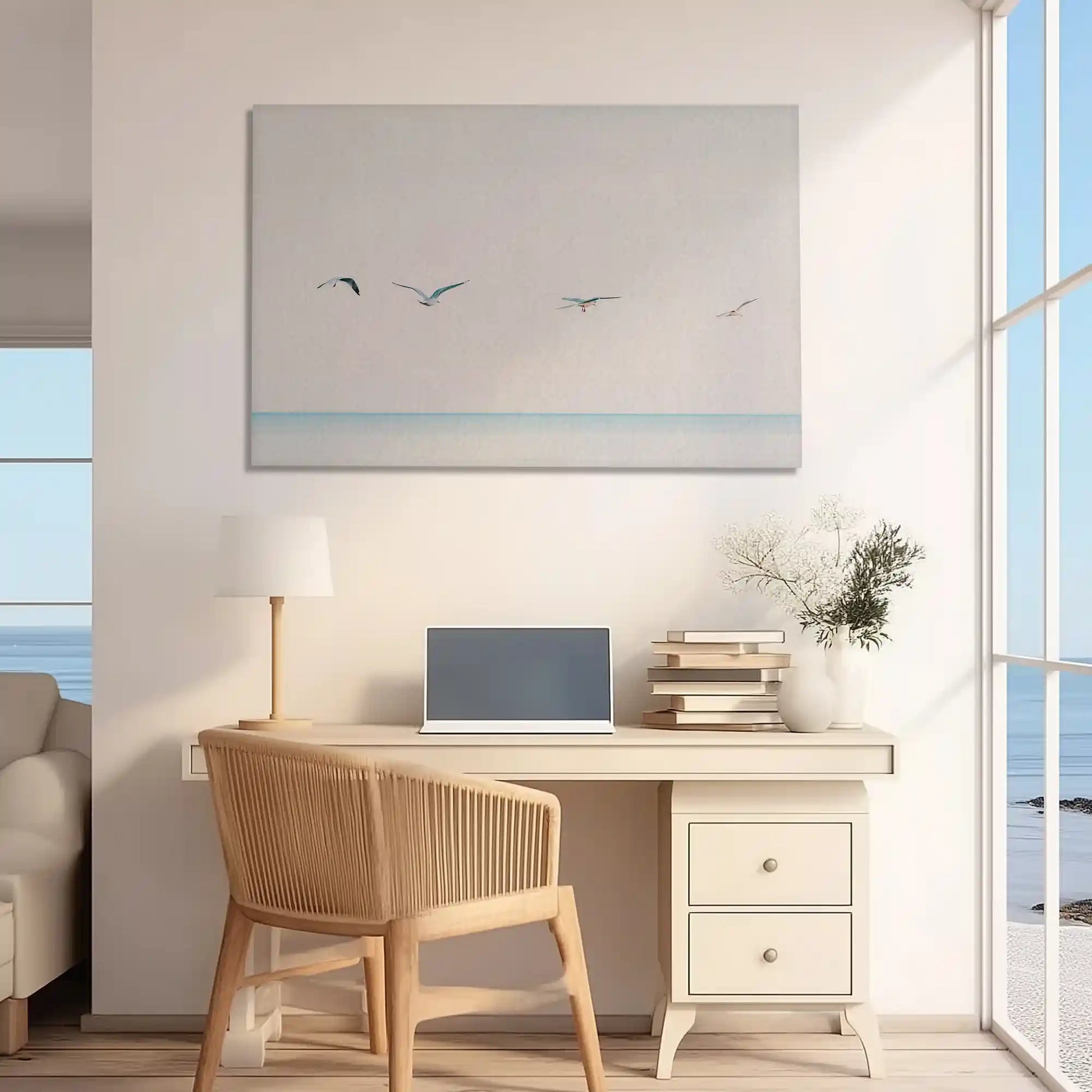 Peaceful shoreline wall decor with seabirds enhancing beach home design