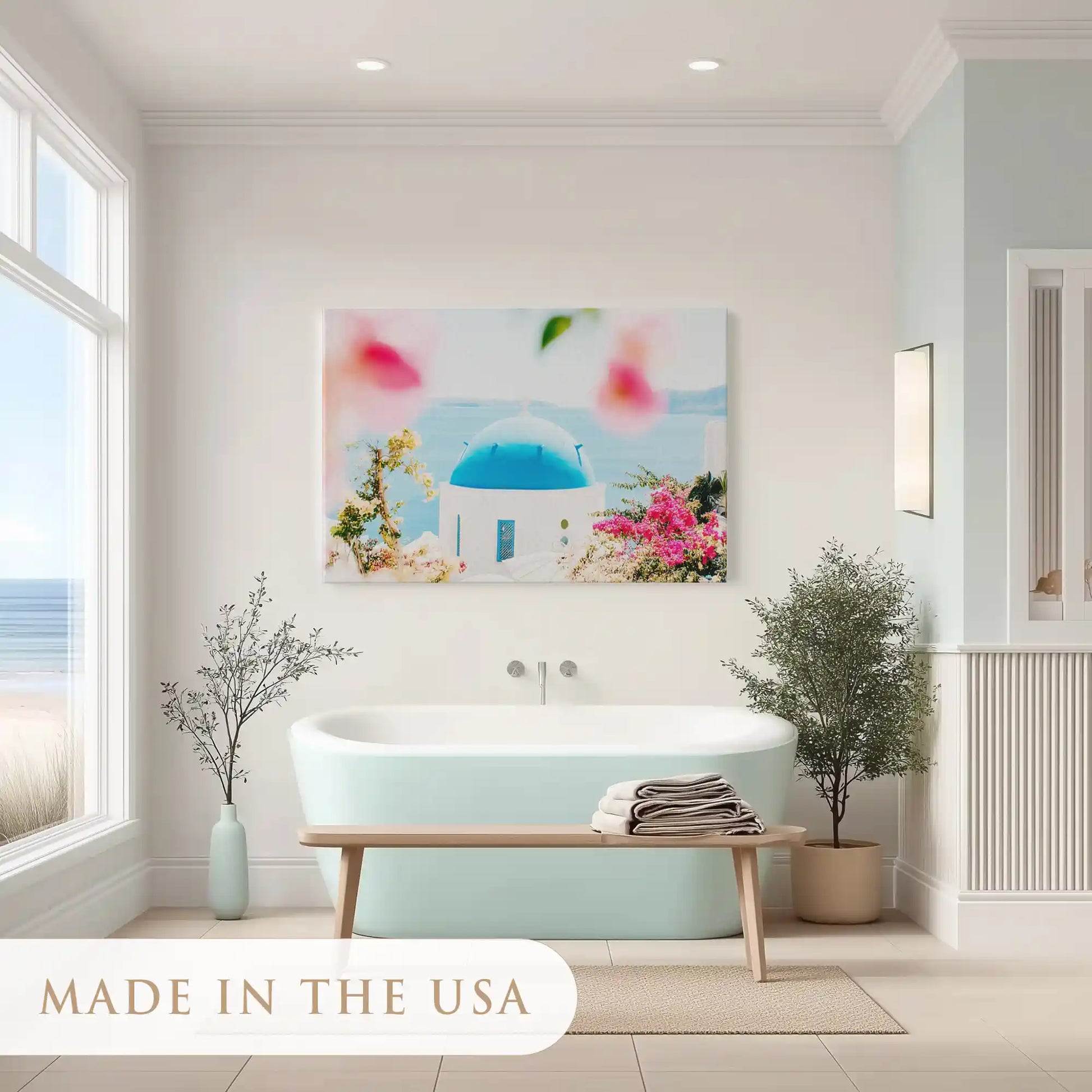 Oversized floral seascape canvas print ideal above sofa in modern home