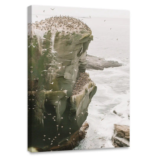 Dramatic coastal cliff canvas wall art for living room, featuring rugged rock and soaring seabirds