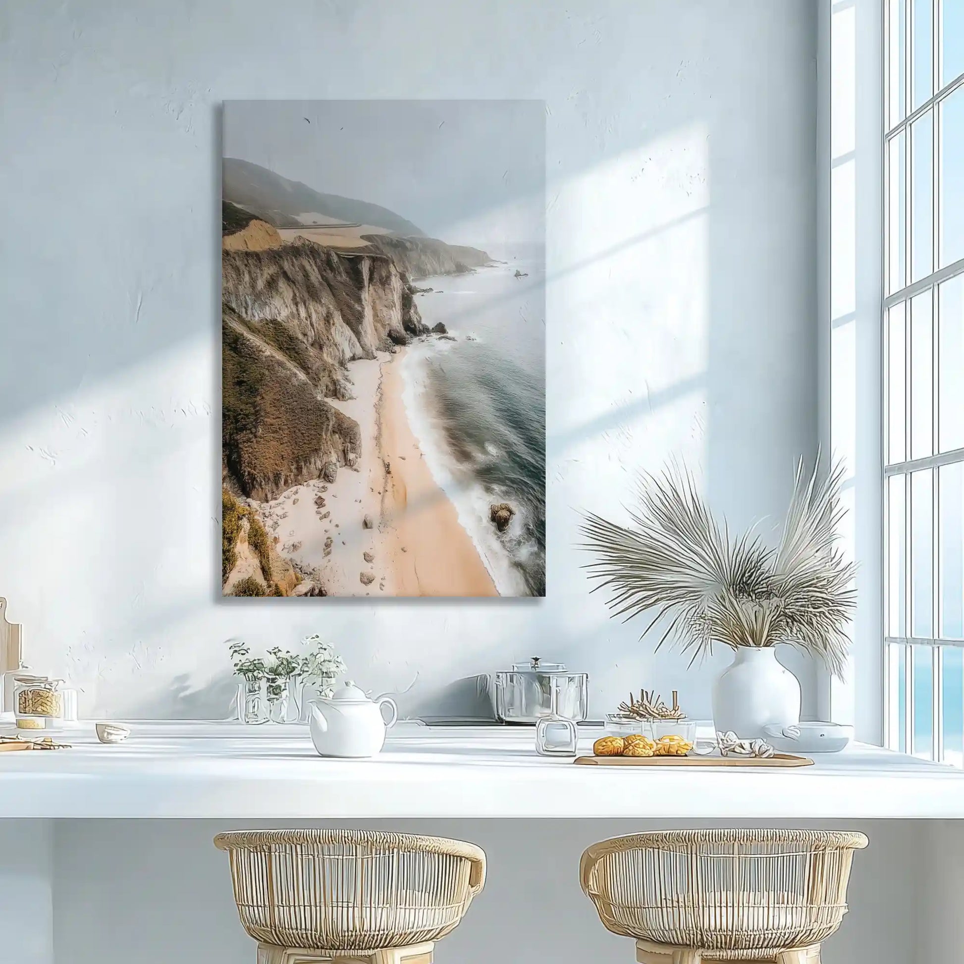Dramatic coastal wall decor enhancing dining room with natural elegance
