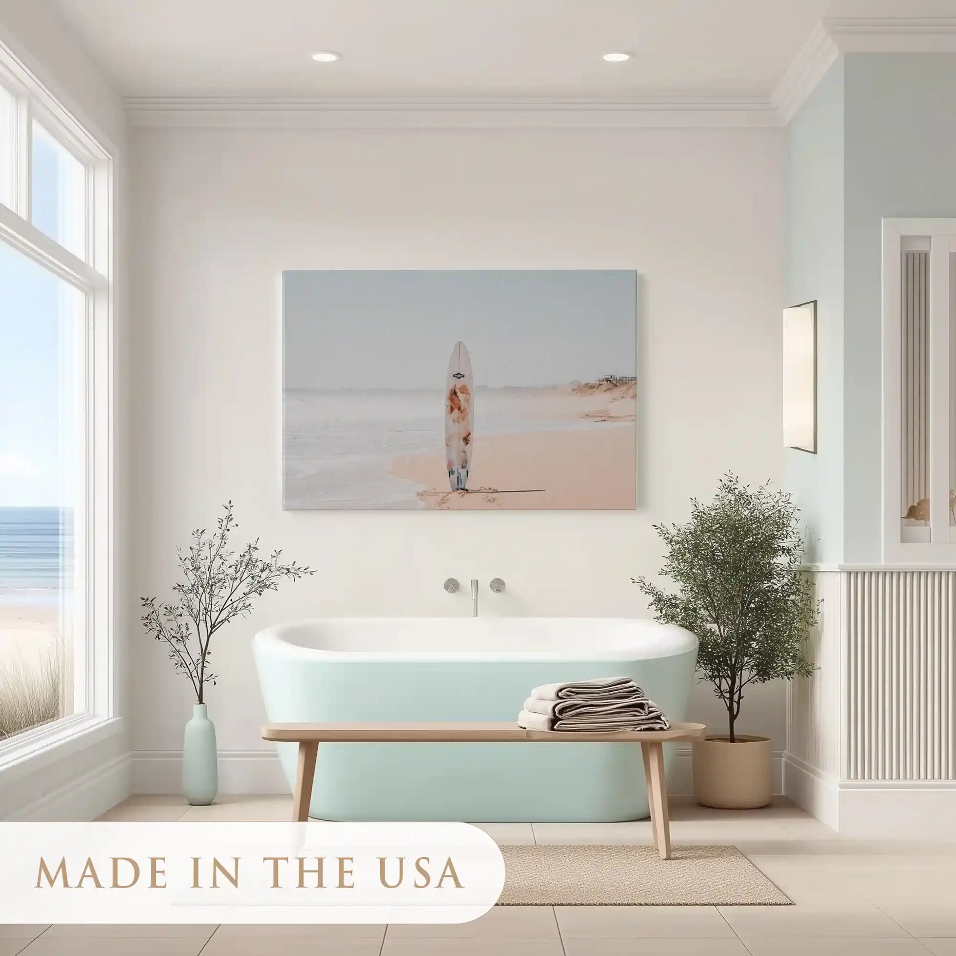 Peaceful beach horizon painting in soft hues ideal for dining room wall decor