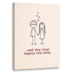 Minimalist canvas wall art featuring a stick figure boy and girl holding hands with red hearts above and whimsical text below.