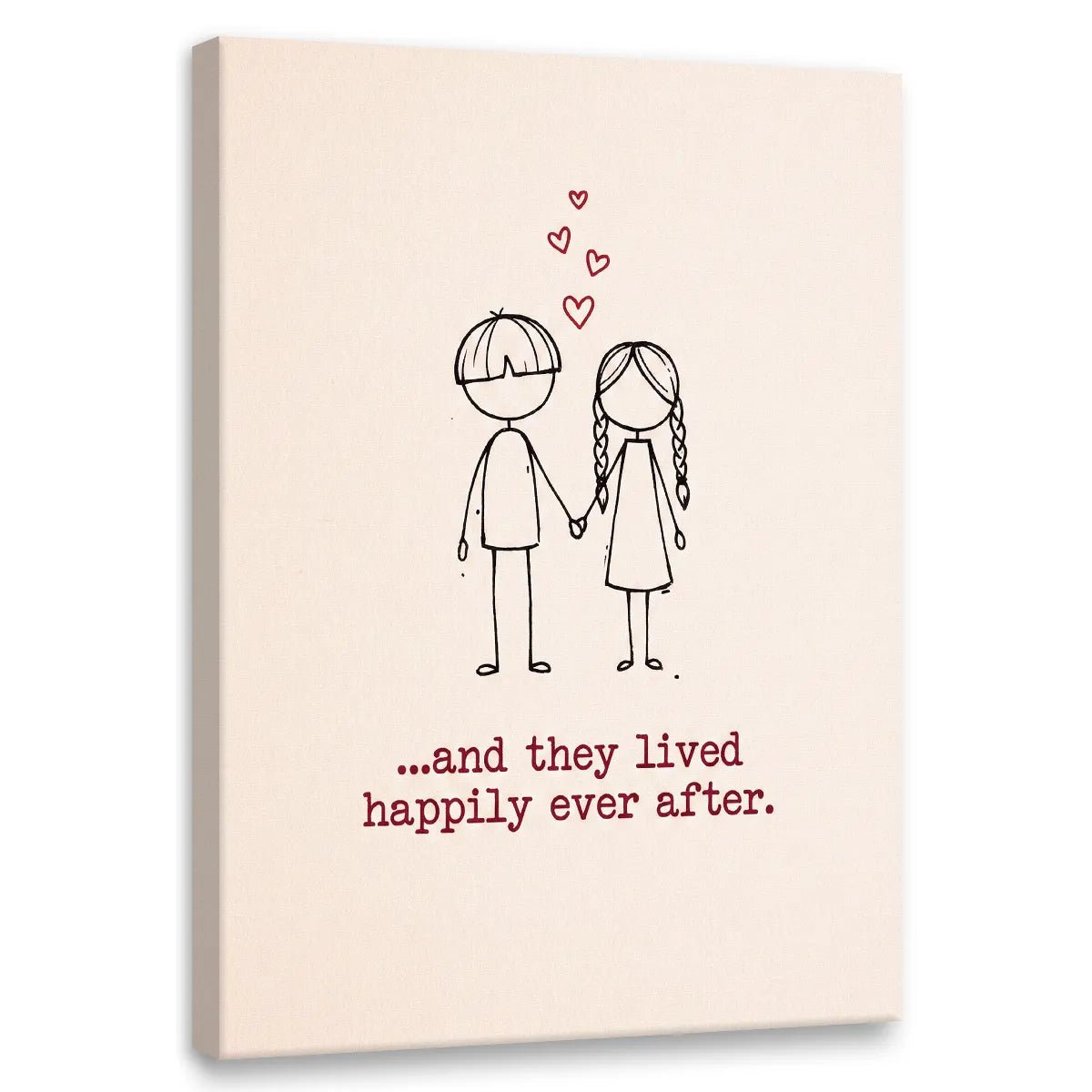 Minimalist canvas wall art featuring a stick figure boy and girl holding hands with red hearts above and whimsical text below.
