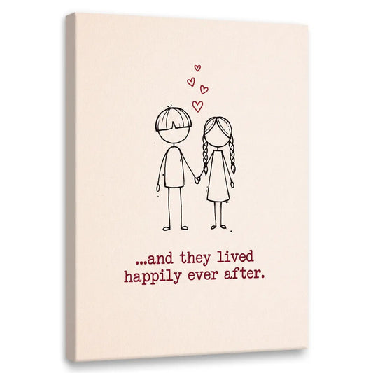 Minimalist canvas wall art featuring a stick figure boy and girl holding hands with red hearts above and whimsical text below.
