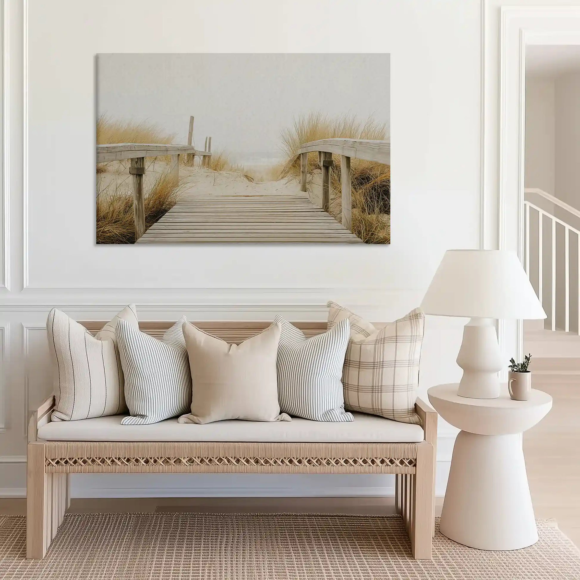 Large beach boardwalk canvas art perfect for bedroom above bed placement