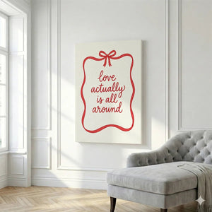 Vertical canvas art with minimalist design of red ribbon and bow framing heartfelt text on white background