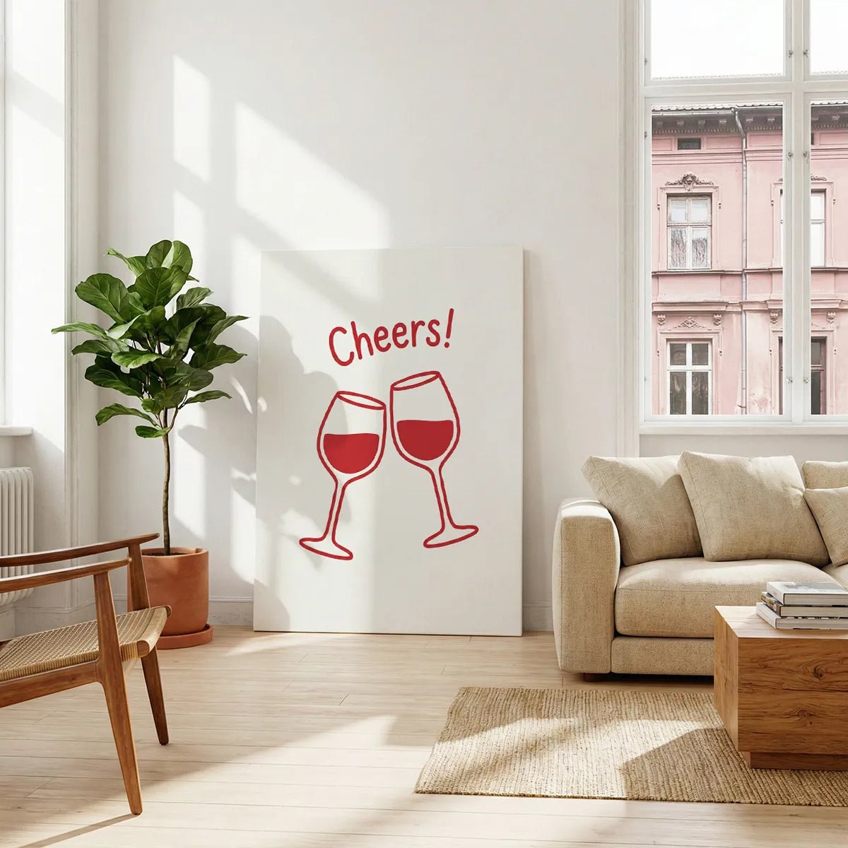 Fine art canvas print with a celebratory wine toast illustration and simple red-on-white color palette