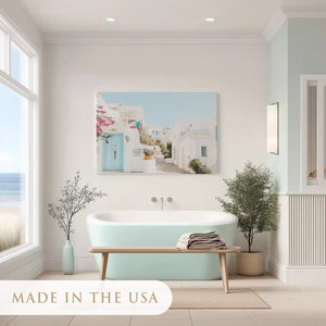 Peaceful coastal street painting adding Mediterranean charm to contemporary décor