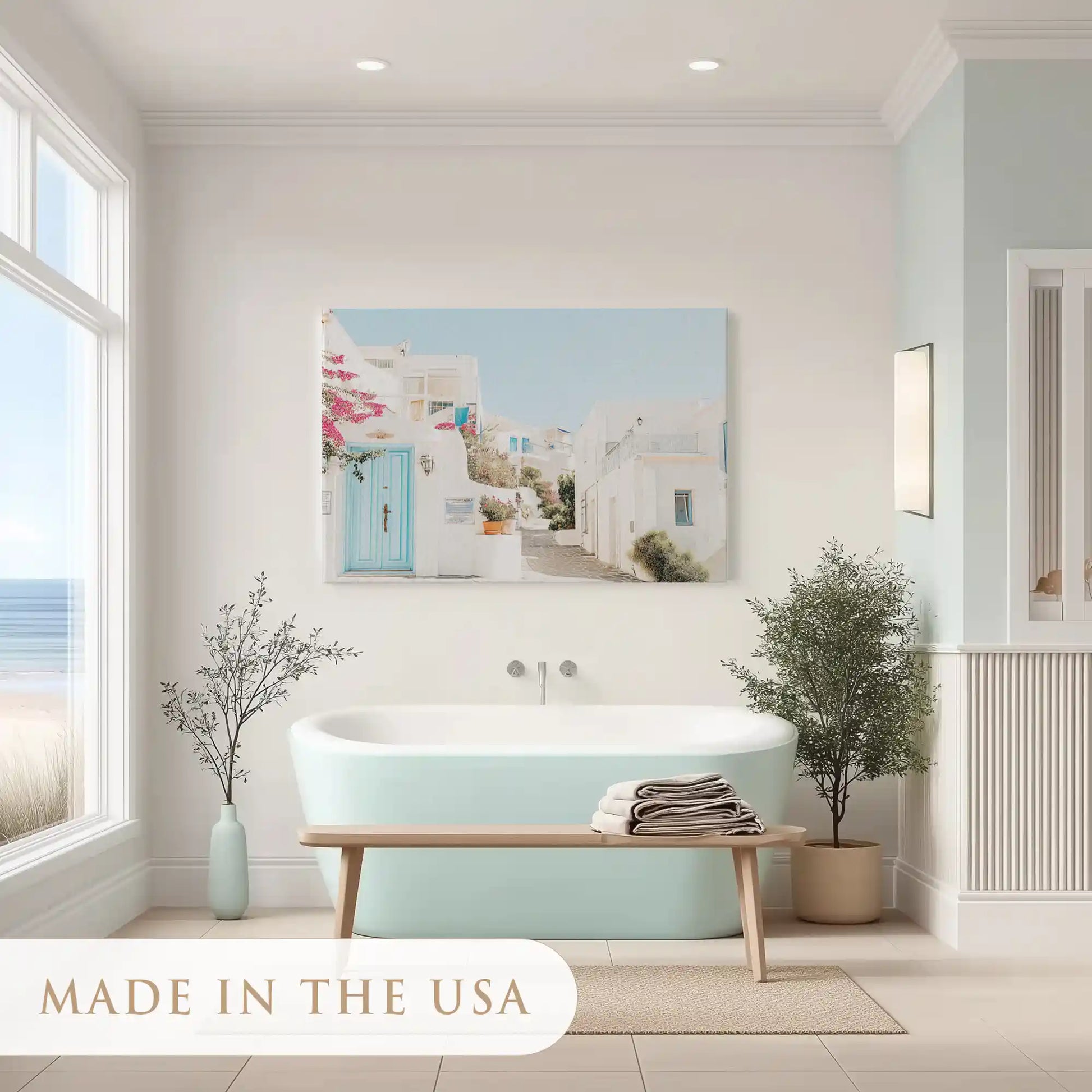 Peaceful coastal street painting adding Mediterranean charm to contemporary décor