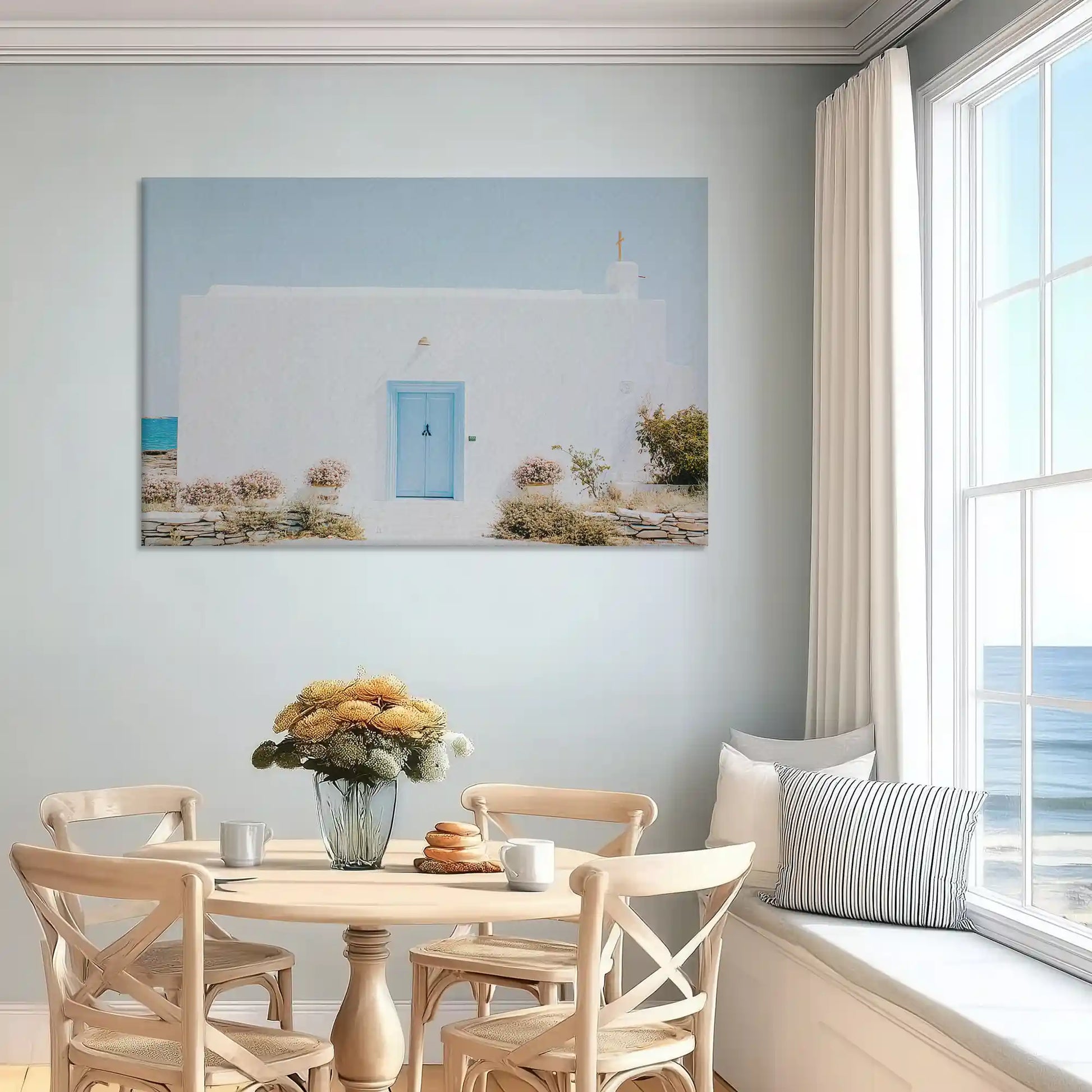 Rustic white facade canvas wall art for dining room with subtle coastal tones