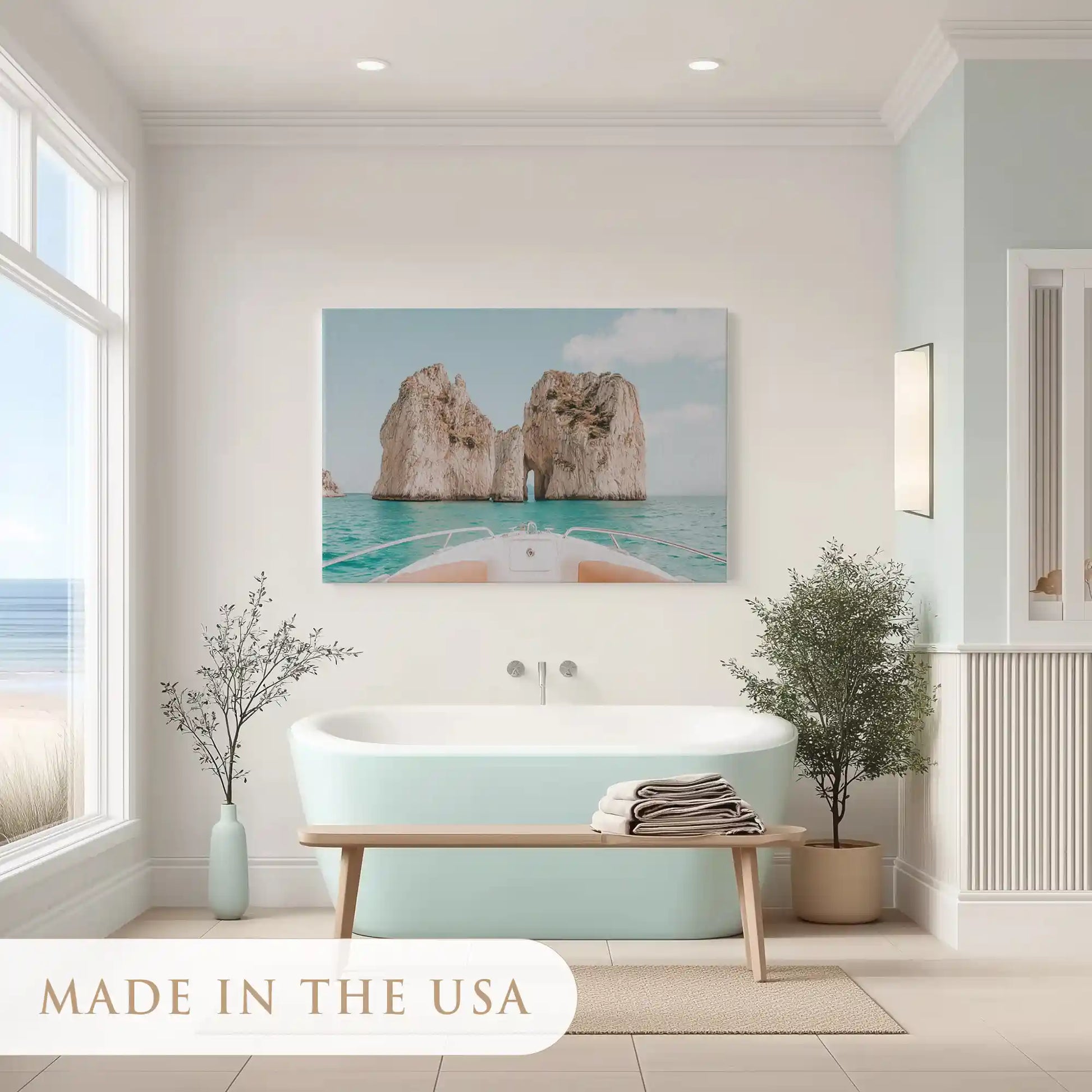 Coastal living room wall art with Capri cliff seascape in aqua and beige natural colors